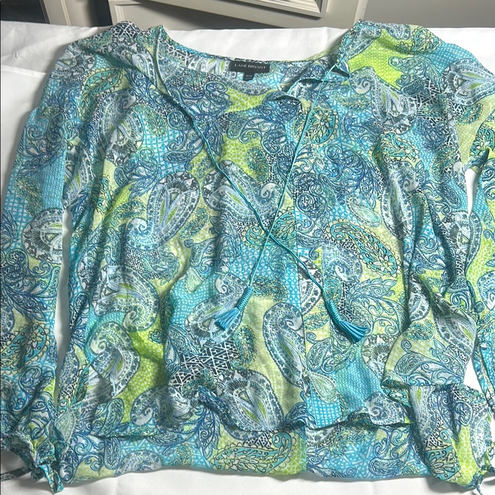 Lane Bryant Blue and Green Long Sleeve Tie Front Blouse